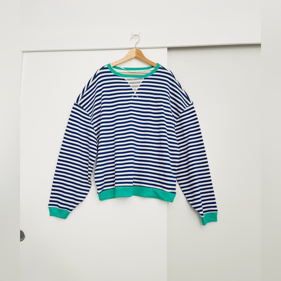 Free People Sweaters - Free People Navy and White Striped Sweater with Green Trim